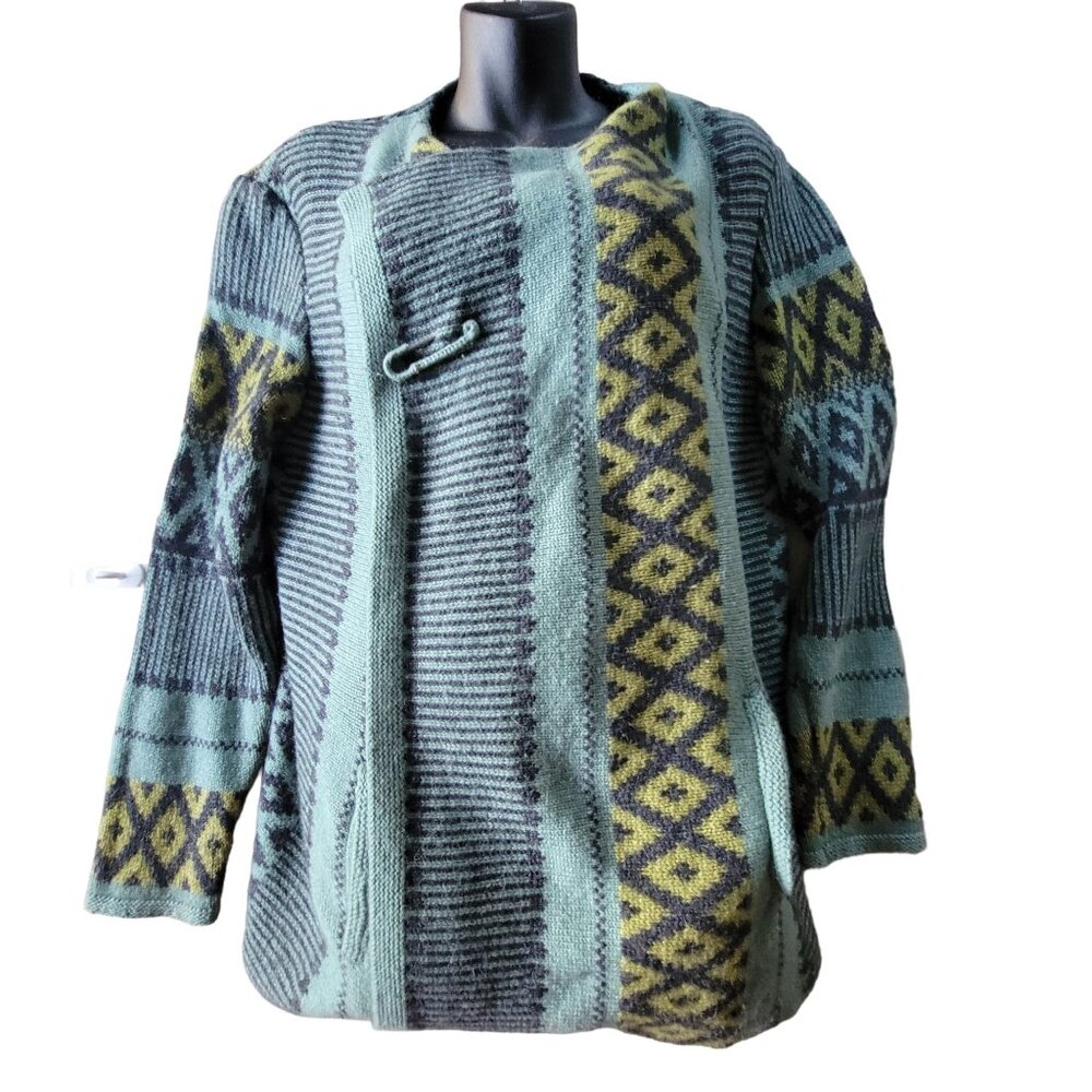 J.Jill Womens Large Wool Alpaca Blend Geometric Cardigan Sweater Juniper